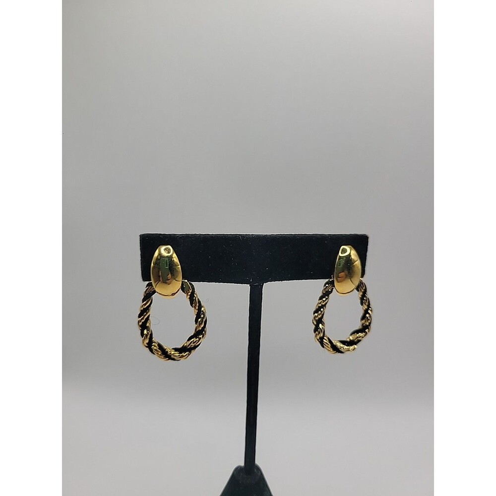 Vintage Gold Tone Rope Twist Oval Drop Earrings Black Accent‎ Pierced Classic